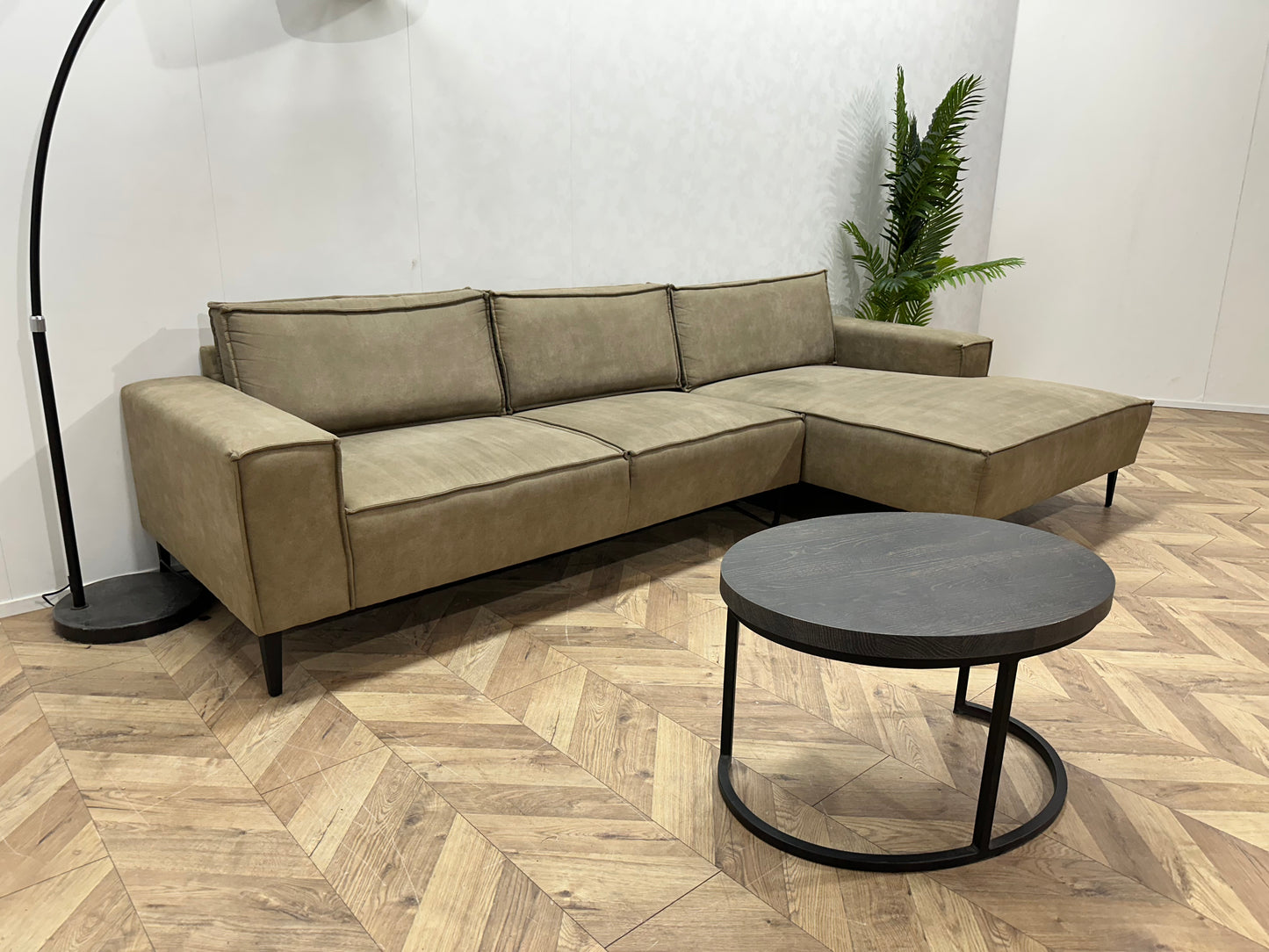 Olijf Groene Leather Look Hoekbank ~ Losse Rugkussens