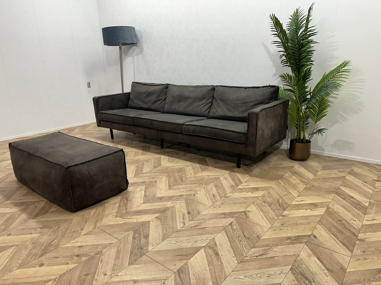 Be Pure Antraciet Suède Lederen 3-Zits Bank Inc Hocker ~ Losse Kussens Met Afneembare Hoezen