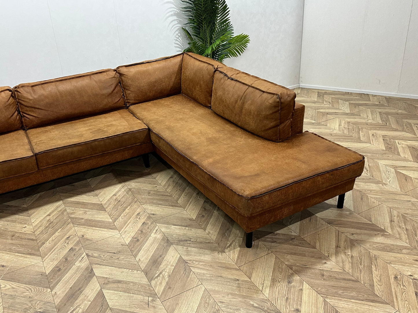 Cognac Bruine Suède Lederen Hoekbank Inc Fauteuil ~ Losse Kussens Met Afneembare Hoezen