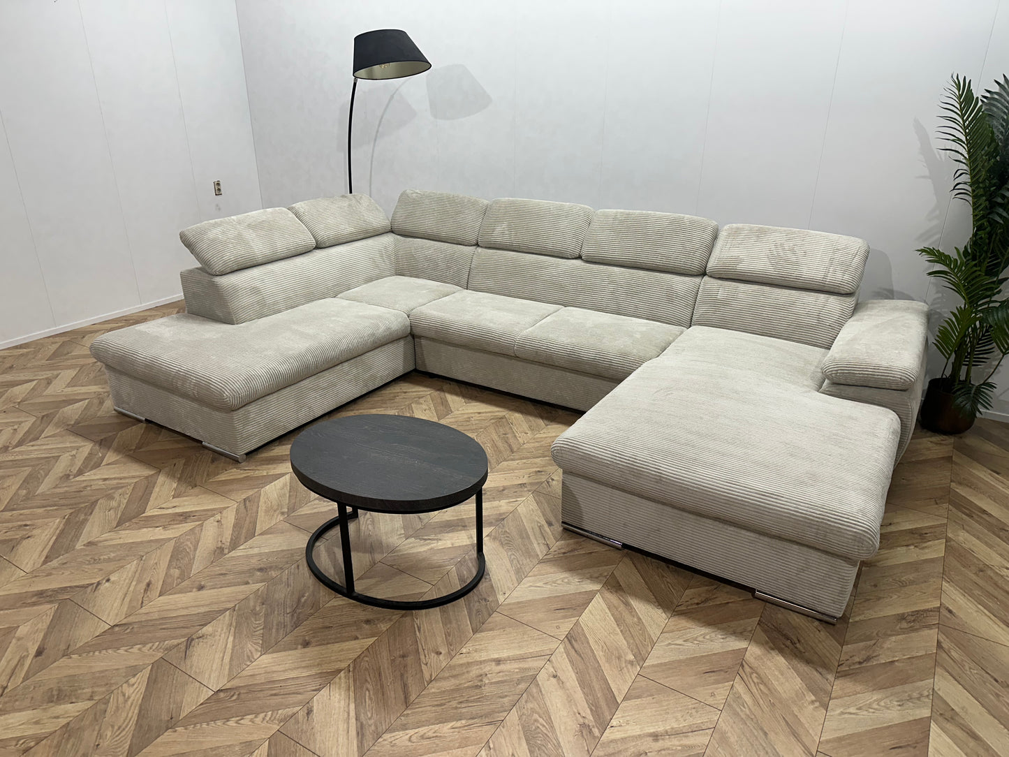 !Showroommodel! Witte/Crème Ribstof U Bank ~ Verstelbare Hoofdsteunen