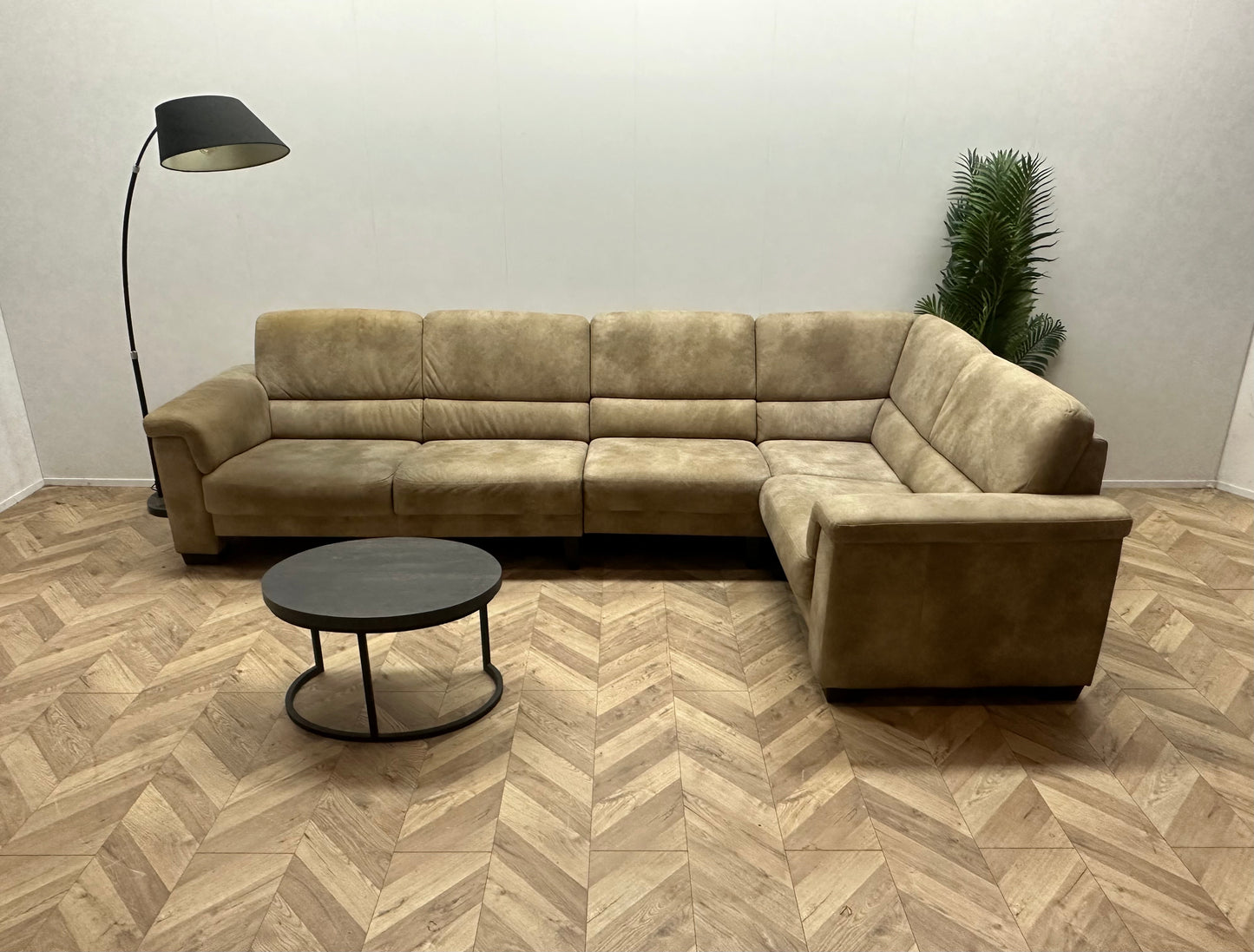 Licht Bruine Suede Lederen Hoekbank ~ Vaste Kussens