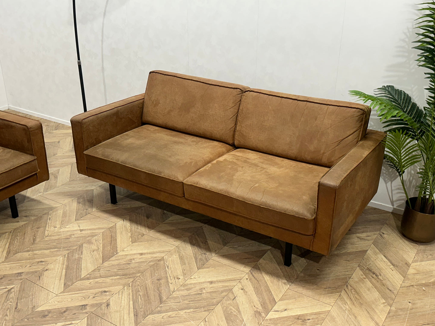 Cognac Bruine Suede Lederen Banken Set ~ Losse Kussens Met Afneembare Hoezen