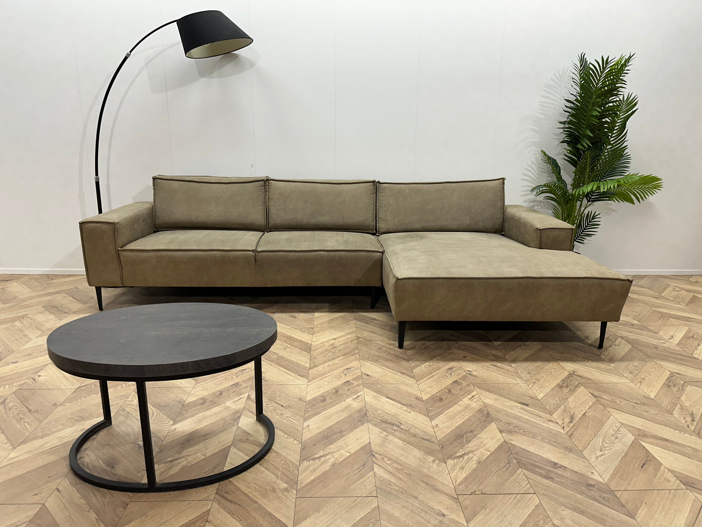 Olijf Groene Leather Look Hoekbank ~ Losse Rugkussens
