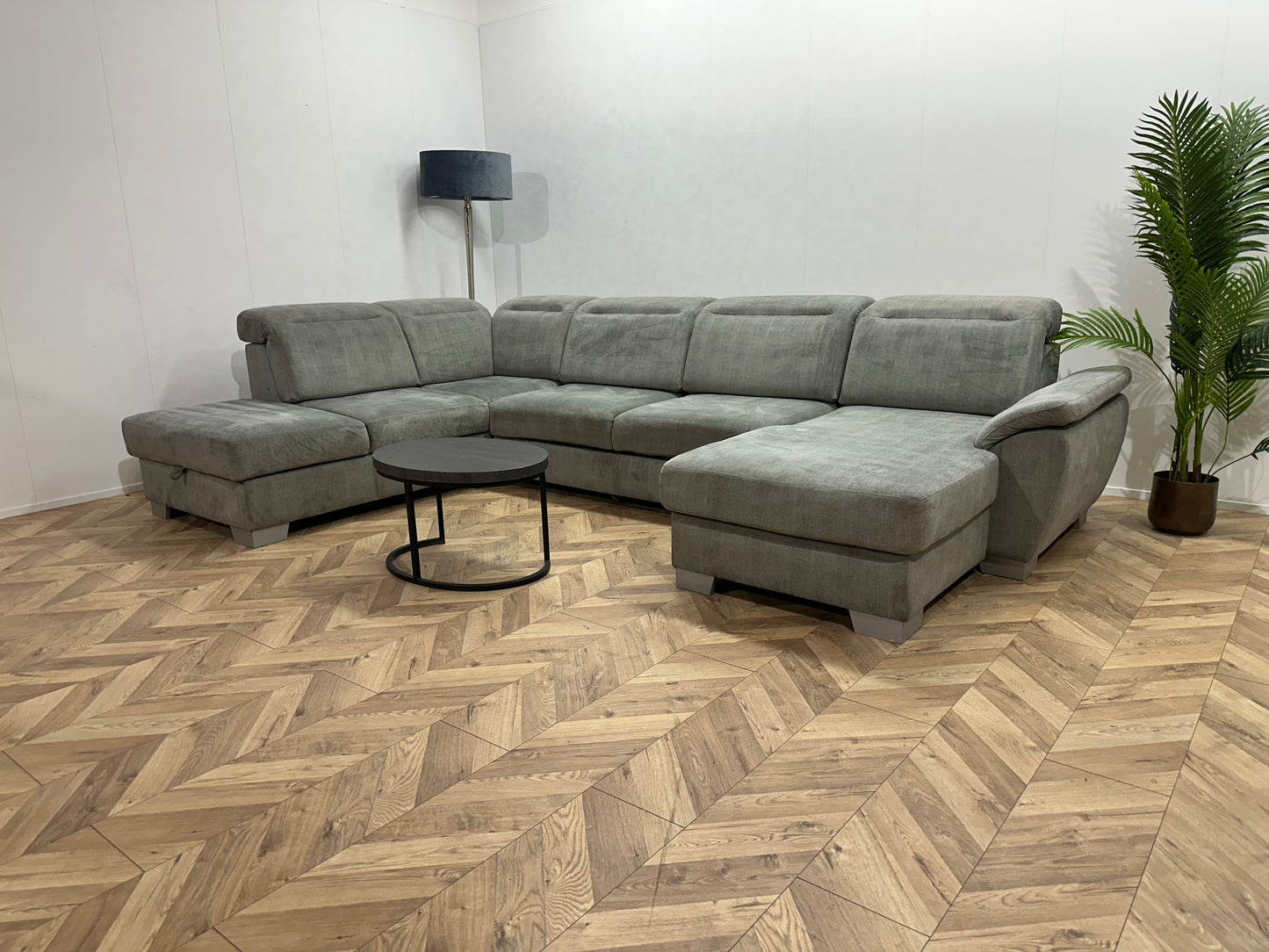 H&H Licht Groene Ribstof U Bank ~ Slaapfunctie ~ Opbergruimtes