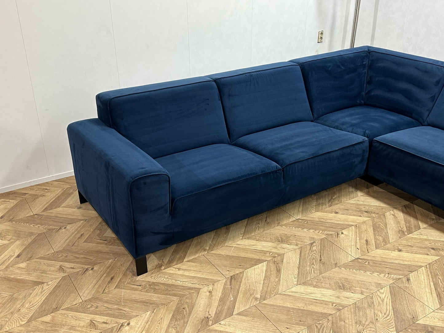 Blauwe Velvet Hoekbank ~ Vaste Kussens