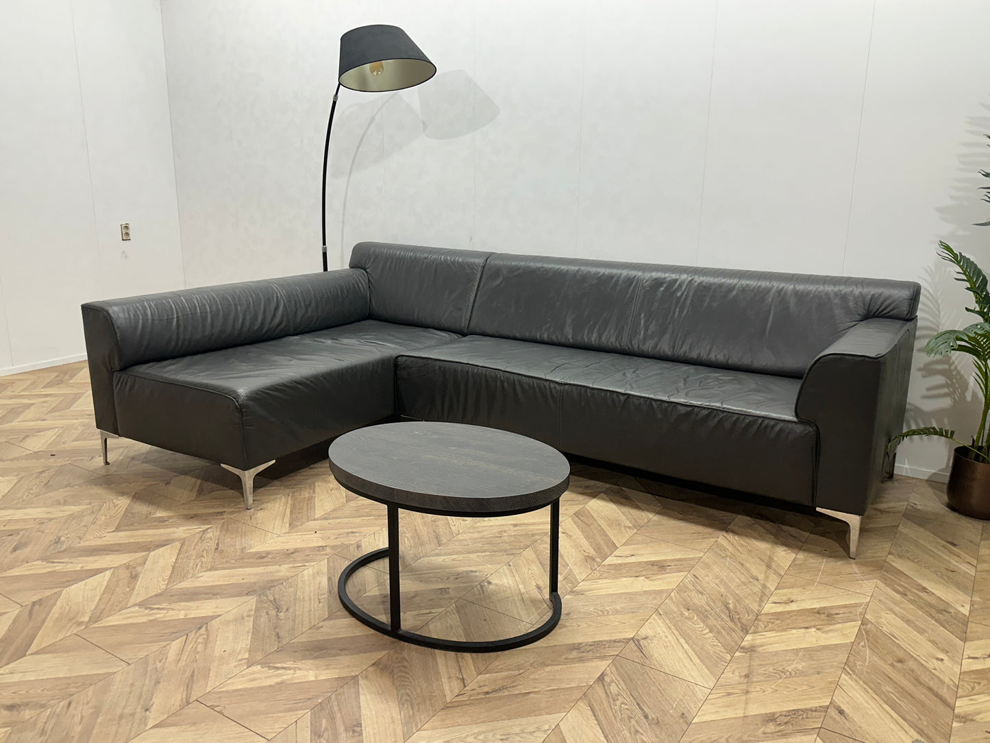 Montèl Grijze Echt Lederen Design Hoekbank ~ Vaste Kussens