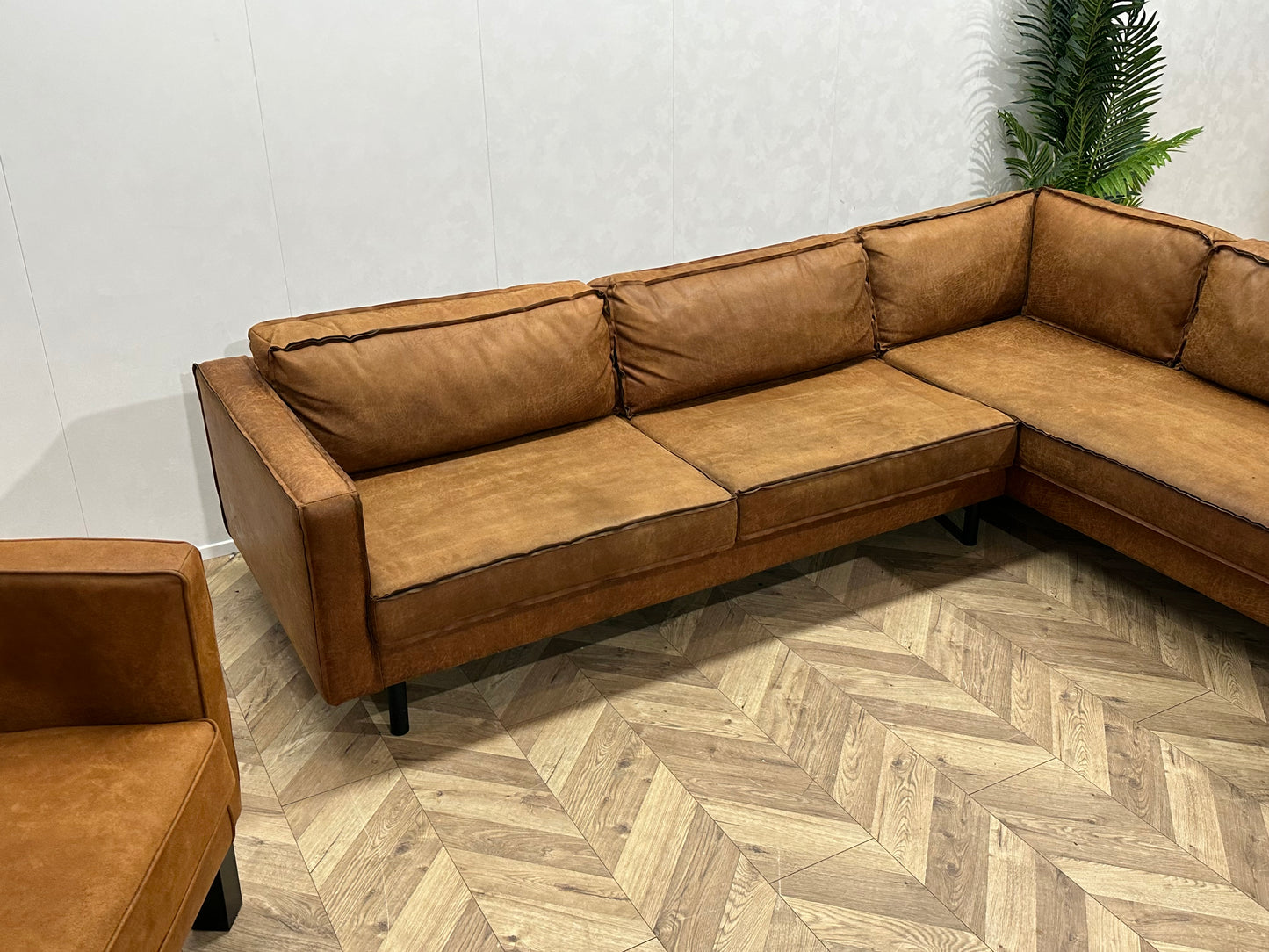 Cognac Bruine Suède Lederen Hoekbank Inc Fauteuil ~ Losse Kussens Met Afneembare Hoezen