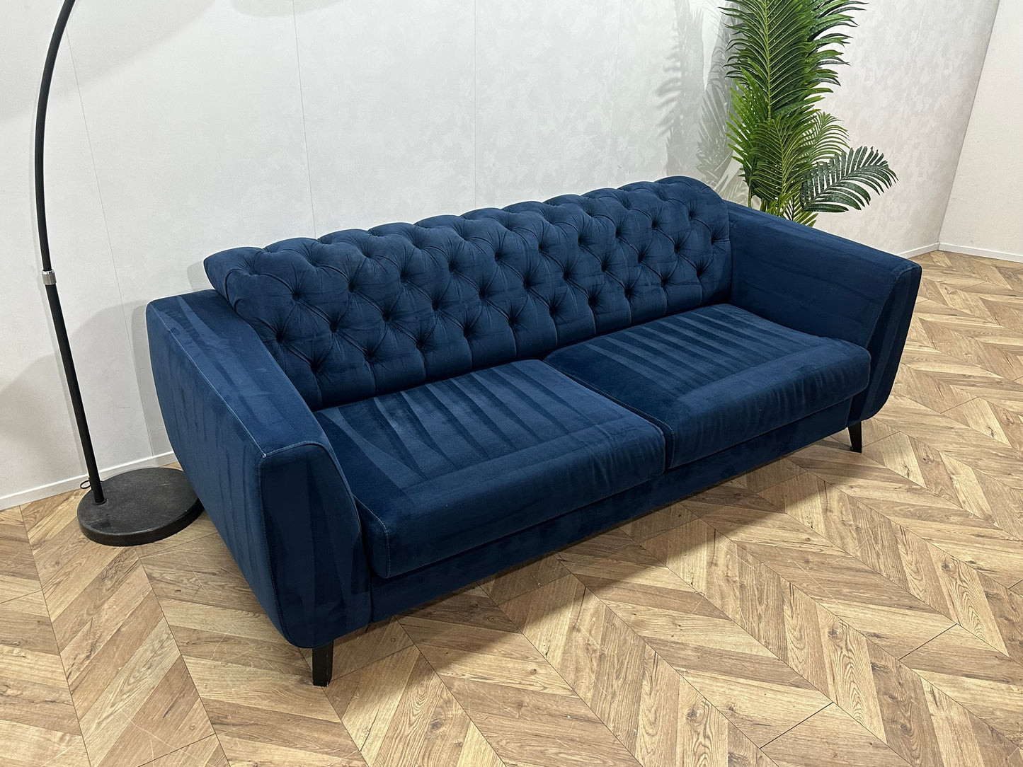 H&H Blauwe Velvet 2.5-Zits Bank Inc Hocker ~ Vaste Kussens