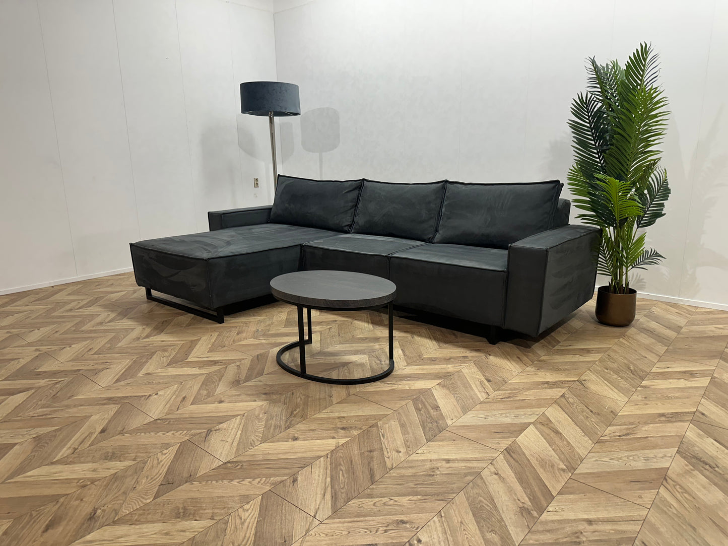 Donker Blauwe Suede Lederen Hoekbank ~ Losse Rugkussens Met Afneembare Hoezen