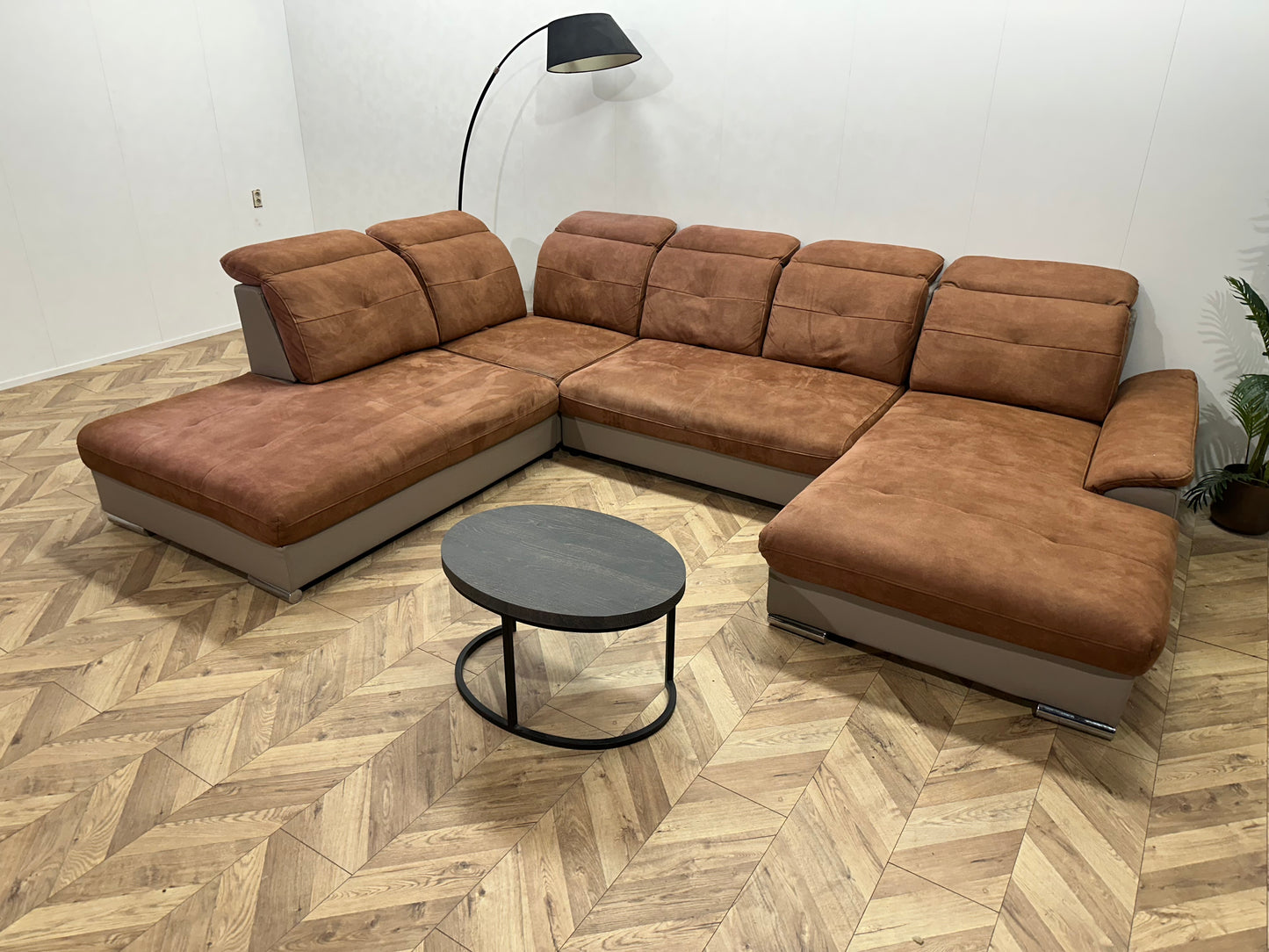 Cognac Bruine/Grijze Suède Stoffen/Lederen U Bank ~ Opbergruimte ~ Verstelbare Rug/Hoofdsteunen