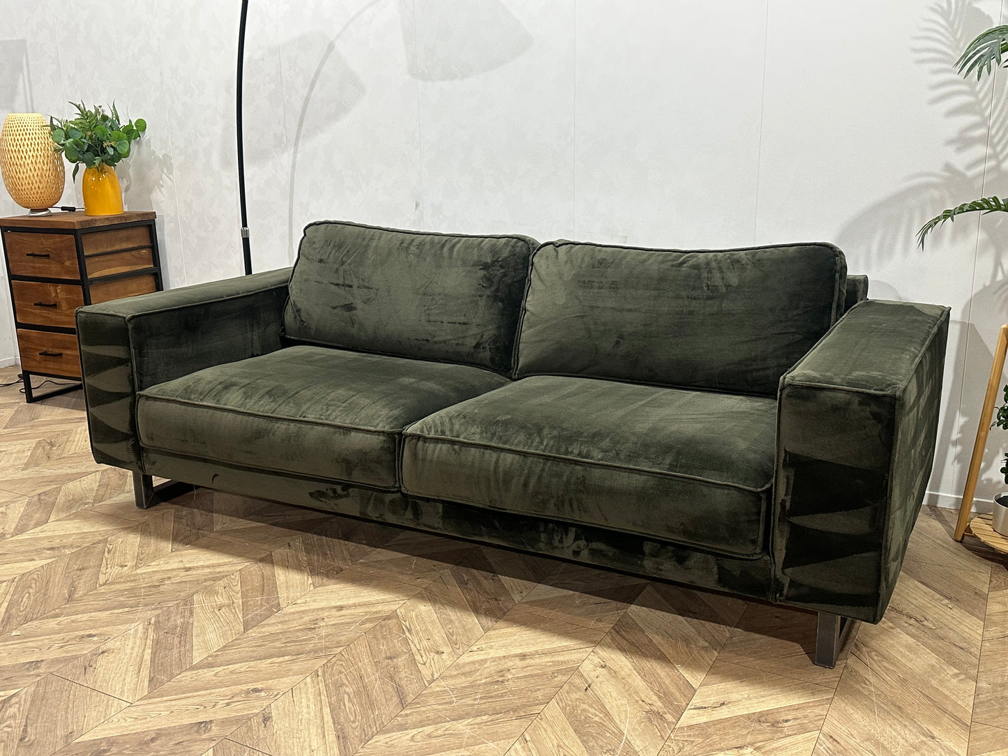 Donker Groene Velvet 2.5-Zits Bank ~ Losse Kussens Met Afneembare Hoezen