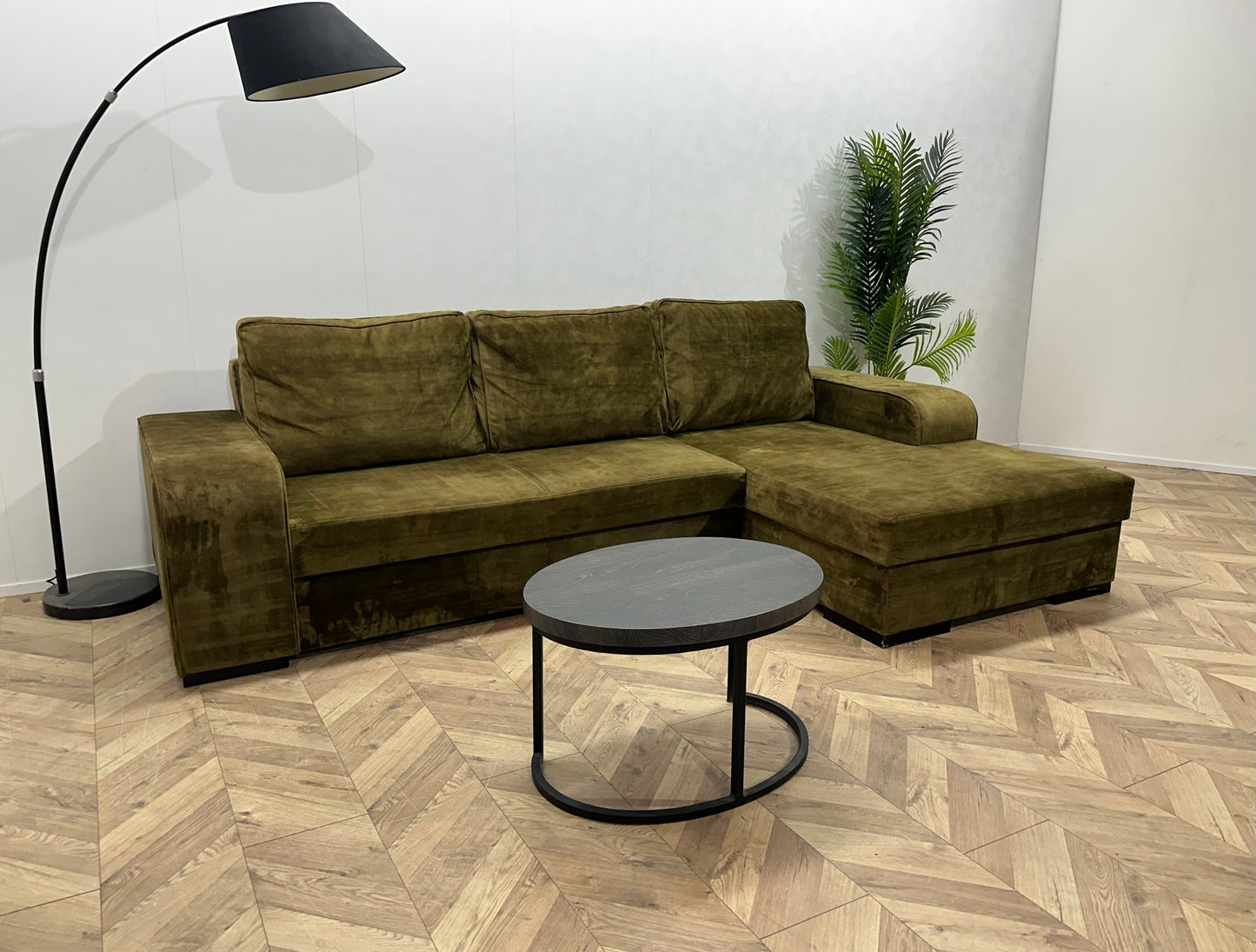 Groene Velvet Hoekbank ~ Losse Rugkussens Met Afneembare Hoezen