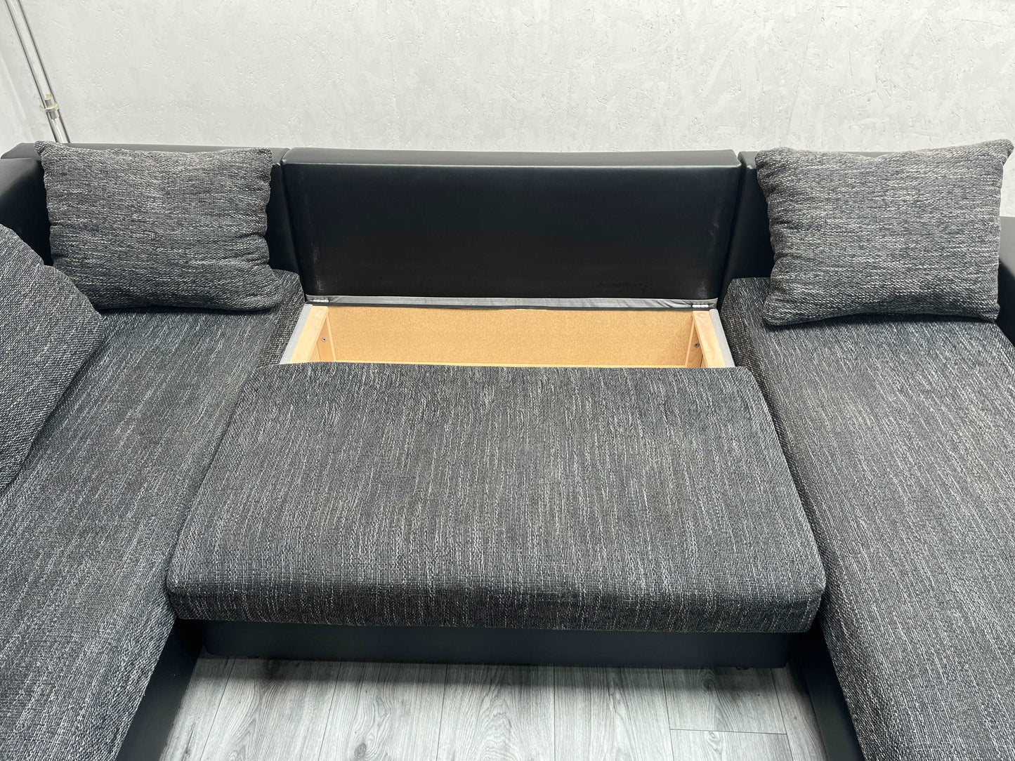 Zwart Multifunctioneele Echte Lederen / Stoffen U Bank ~ Slaapfunctie en Opbergvak