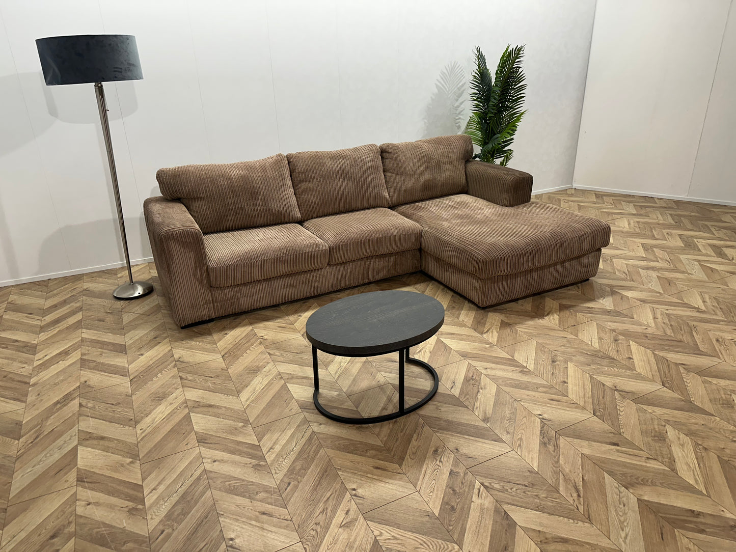 Beige Ribstof Hoekbank ~ Losse Rugkussens Met Afneembare Hoezen