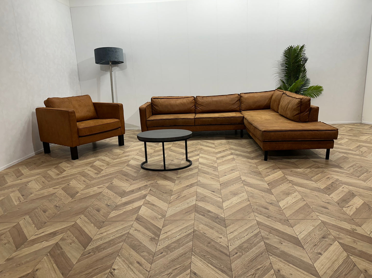 Cognac Bruine Suède Lederen Hoekbank Inc Fauteuil ~ Losse Kussens Met Afneembare Hoezen
