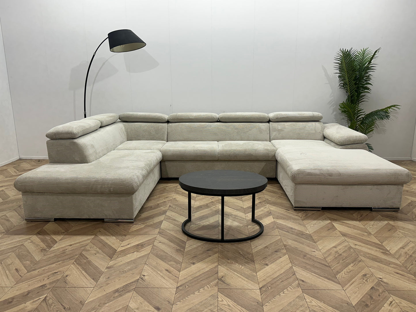 !Showroommodel! Witte/Crème Ribstof U Bank ~ Verstelbare Hoofdsteunen