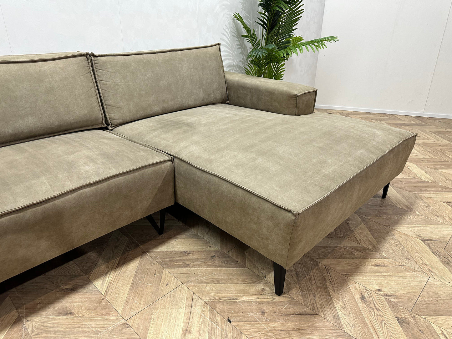 Olijf Groene Leather Look Hoekbank ~ Losse Rugkussens