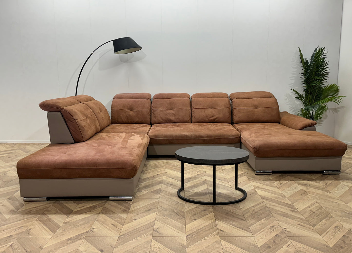 Cognac Bruine/Grijze Suède Stoffen/Lederen U Bank ~ Opbergruimte ~ Verstelbare Rug/Hoofdsteunen