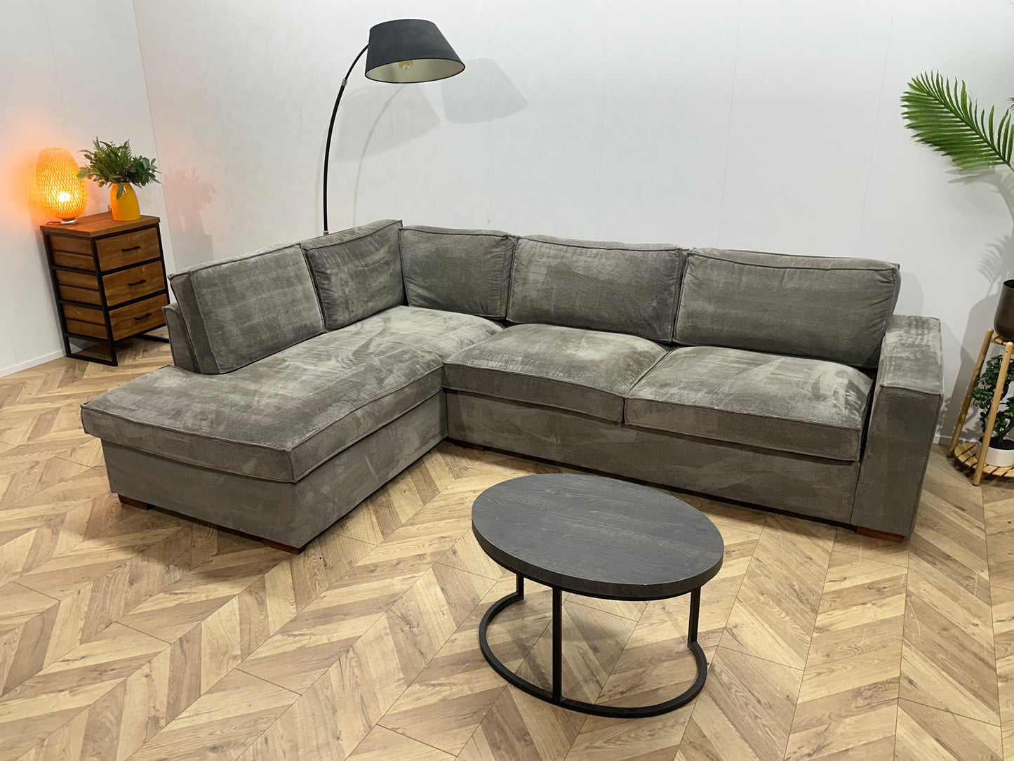 Woood Grijze Ribstof Hoekbank ~ Losse Rugkussens Met Afneembare Hoezen