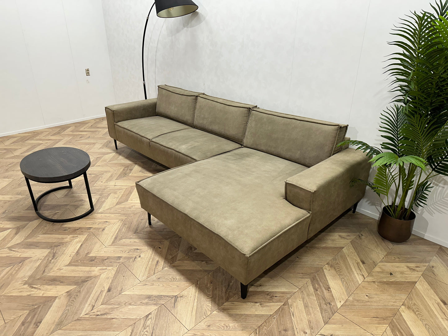 Olijf Groene Leather Look Hoekbank ~ Losse Rugkussens