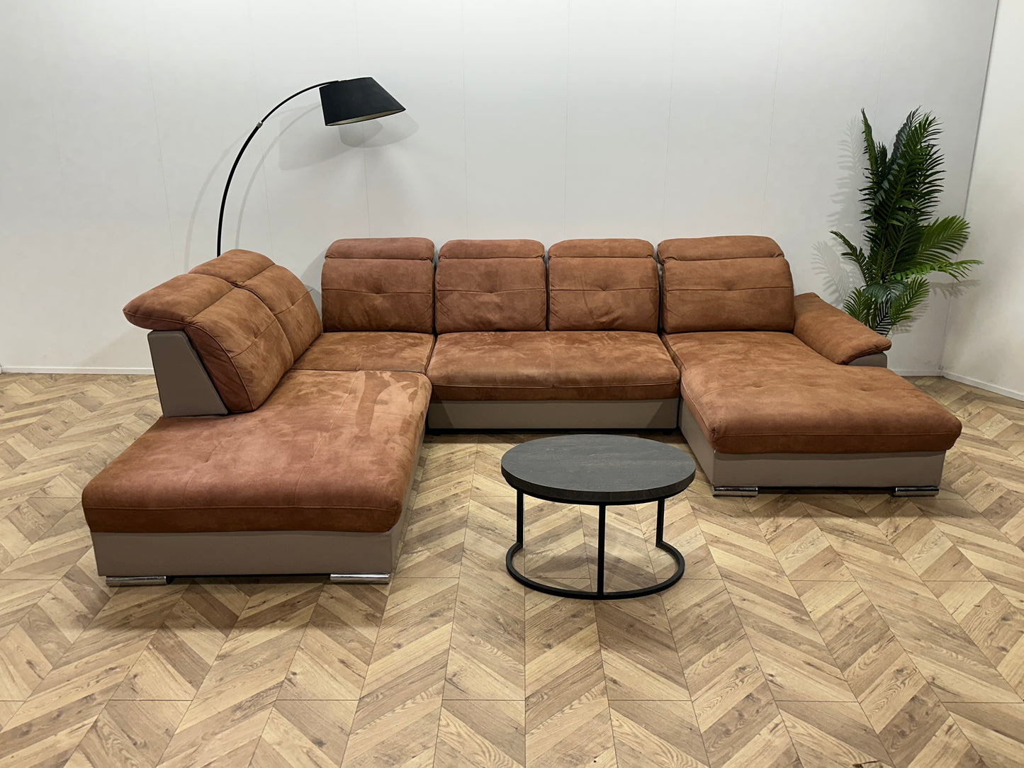 Cognac Bruine/Grijze Suède Stoffen/Lederen U Bank ~ Opbergruimte ~ Verstelbare Rug/Hoofdsteunen