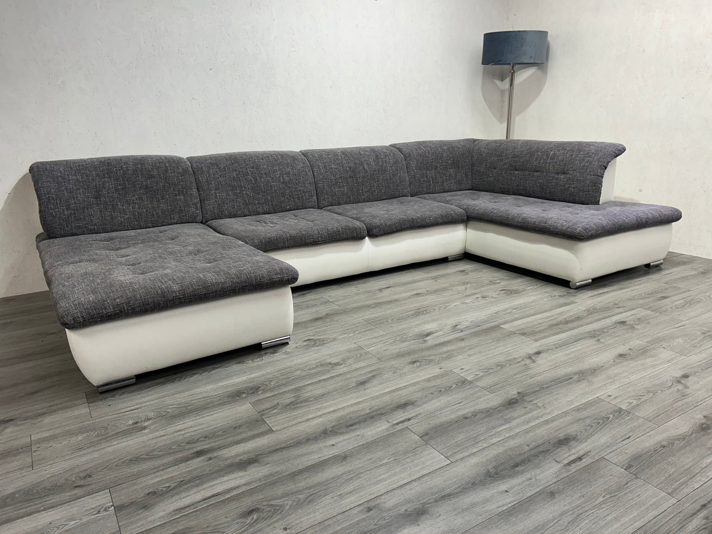Grijs/Witte Stoffen/Lederen U bank ~ Vaste Kussens