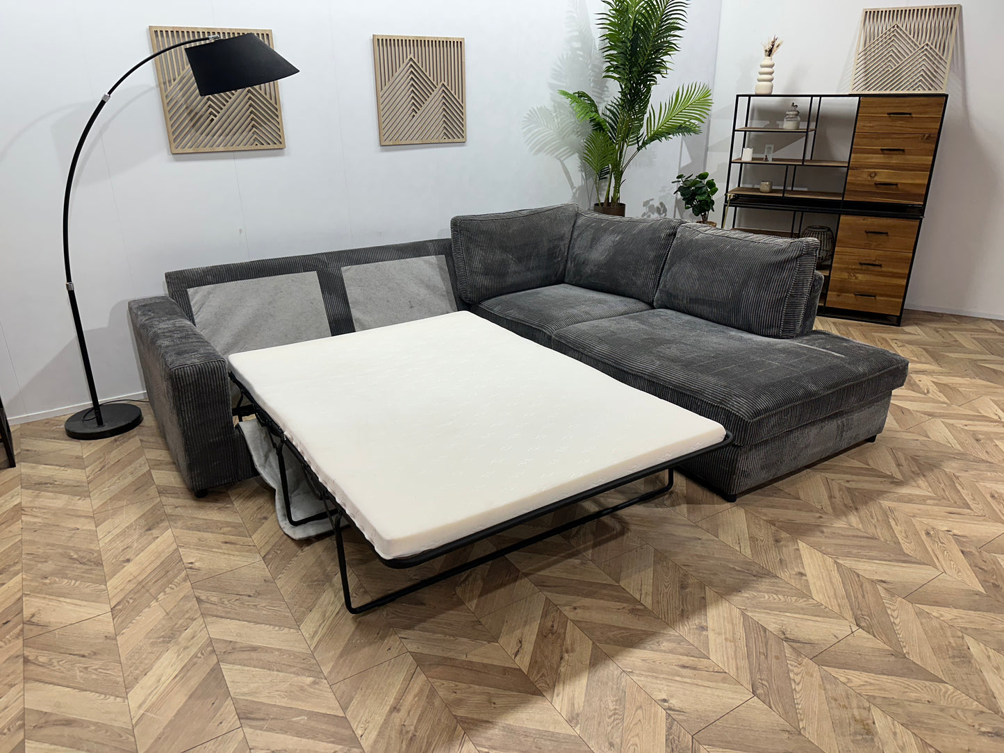 Antraciet Ribstof Hoekbank ~ Losse Kussens Met Afneembare Hoezen ~ Slaapfunctie