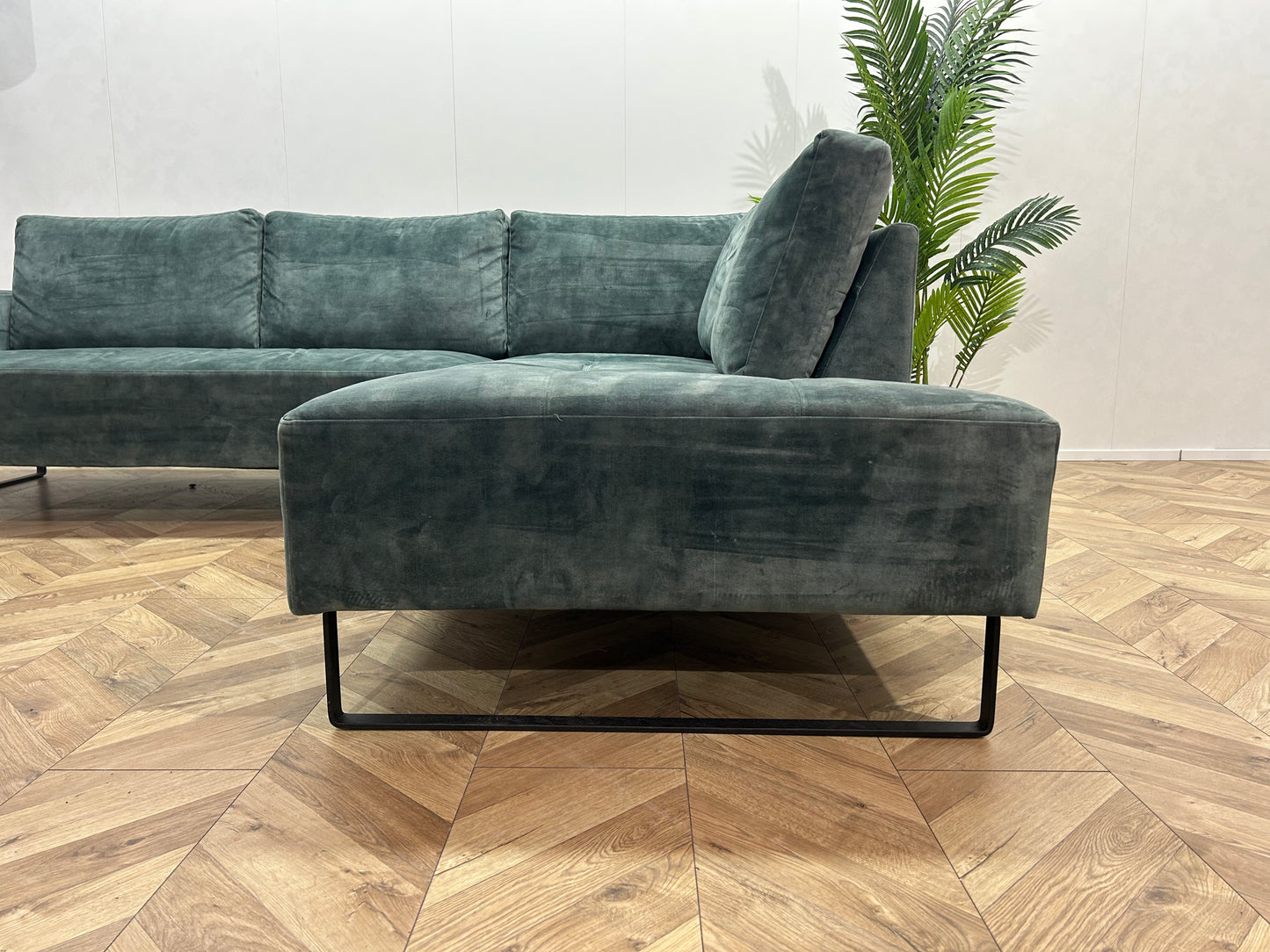 Grijs/Groene Velvet Hoekbank ~ Losse Rugkussens Met Afneembare Hoezen
