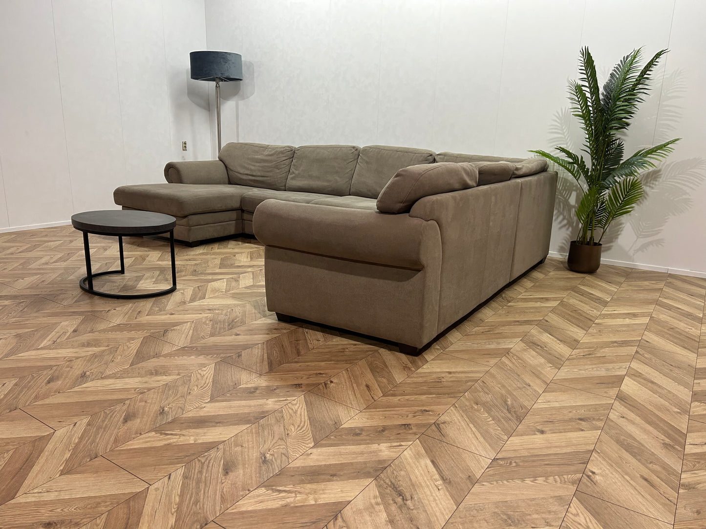 Beige Suède Stof U Bank ~ Losse Kussens Met Afneembare Hoezen