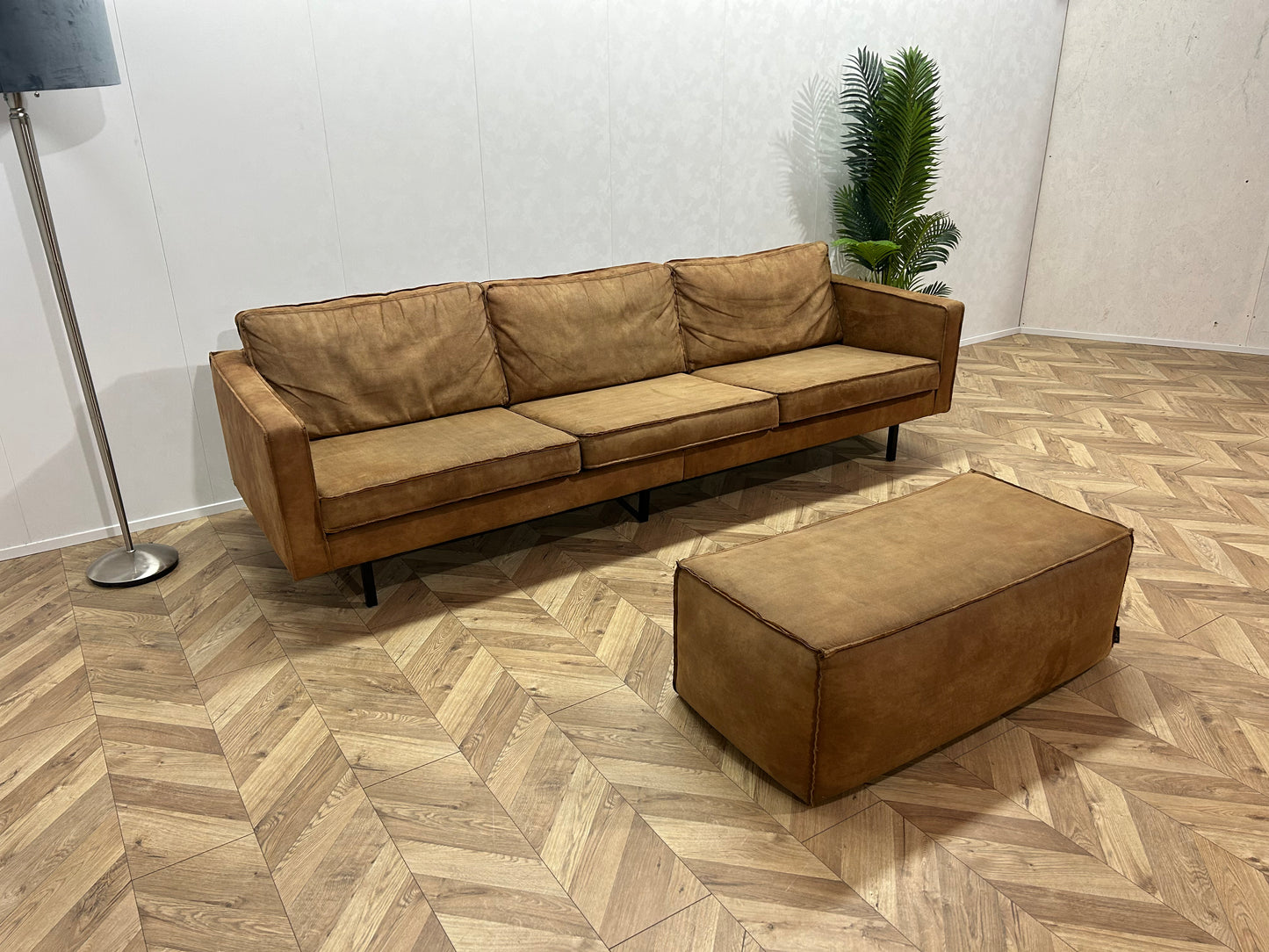 Be Pure Cognac Bruine Suède Leren 3-Zits Bank Inc. Hocker