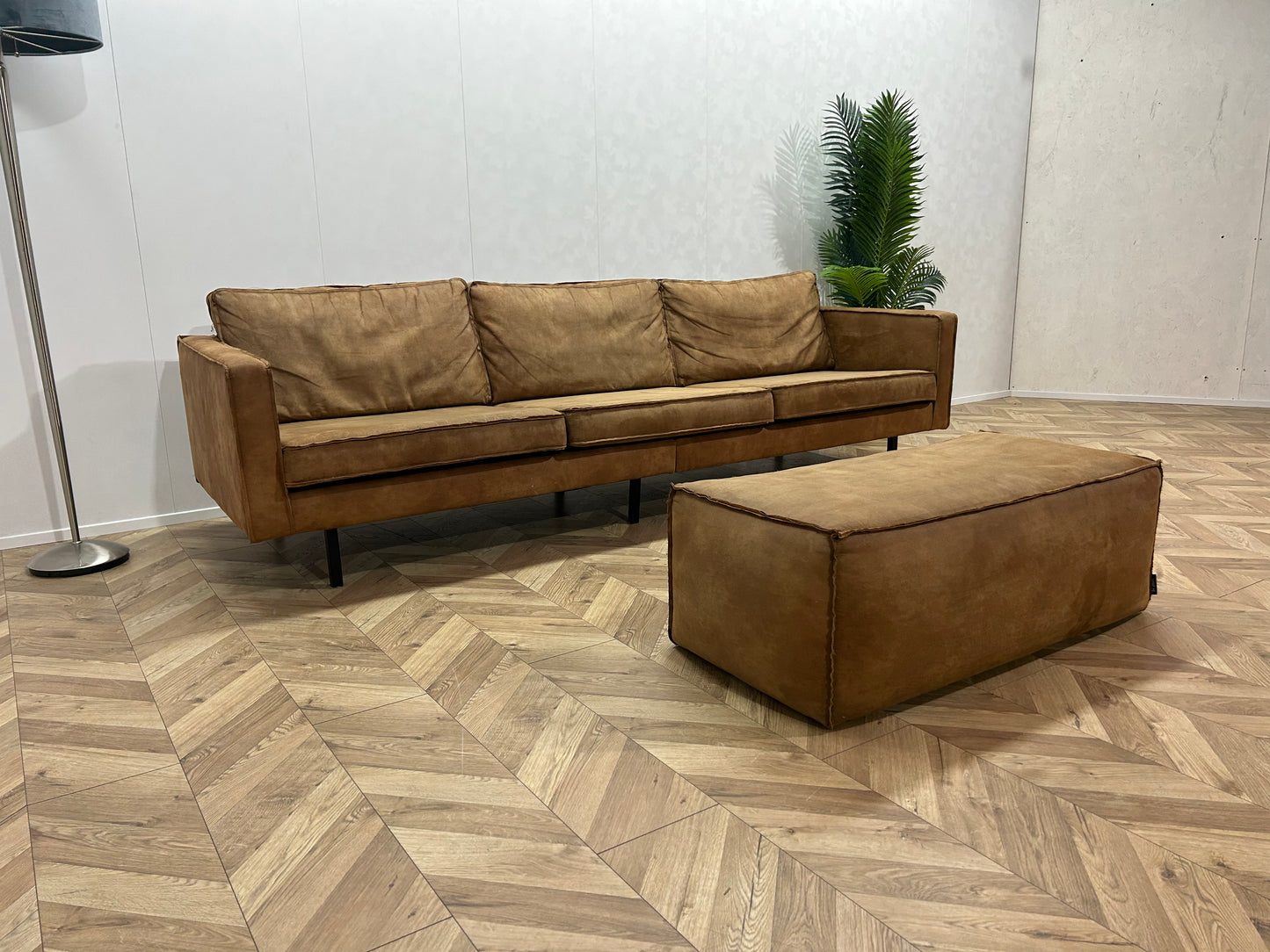 Be Pure Cognac Bruine Suède Leren 3-Zits Bank Inc. Hocker