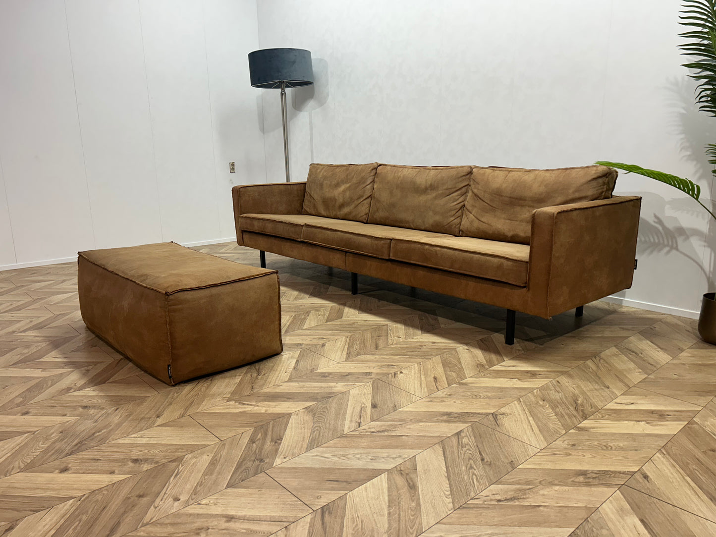 Be Pure Cognac Bruine Suède Leren 3-Zits Bank Inc. Hocker