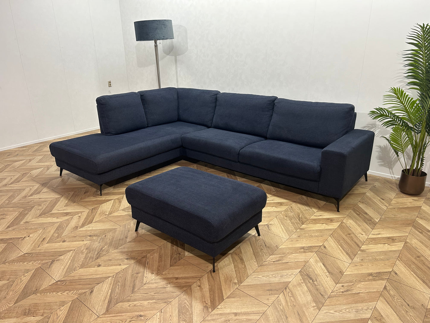 Donker Blauwe Hoekbank Inc. hocker ~ Losse Rugkussens Met Afneembare Hoezen