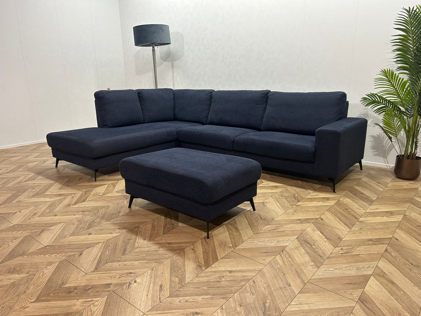 Donker Blauwe Hoekbank Inc. hocker ~ Losse Rugkussens Met Afneembare Hoezen