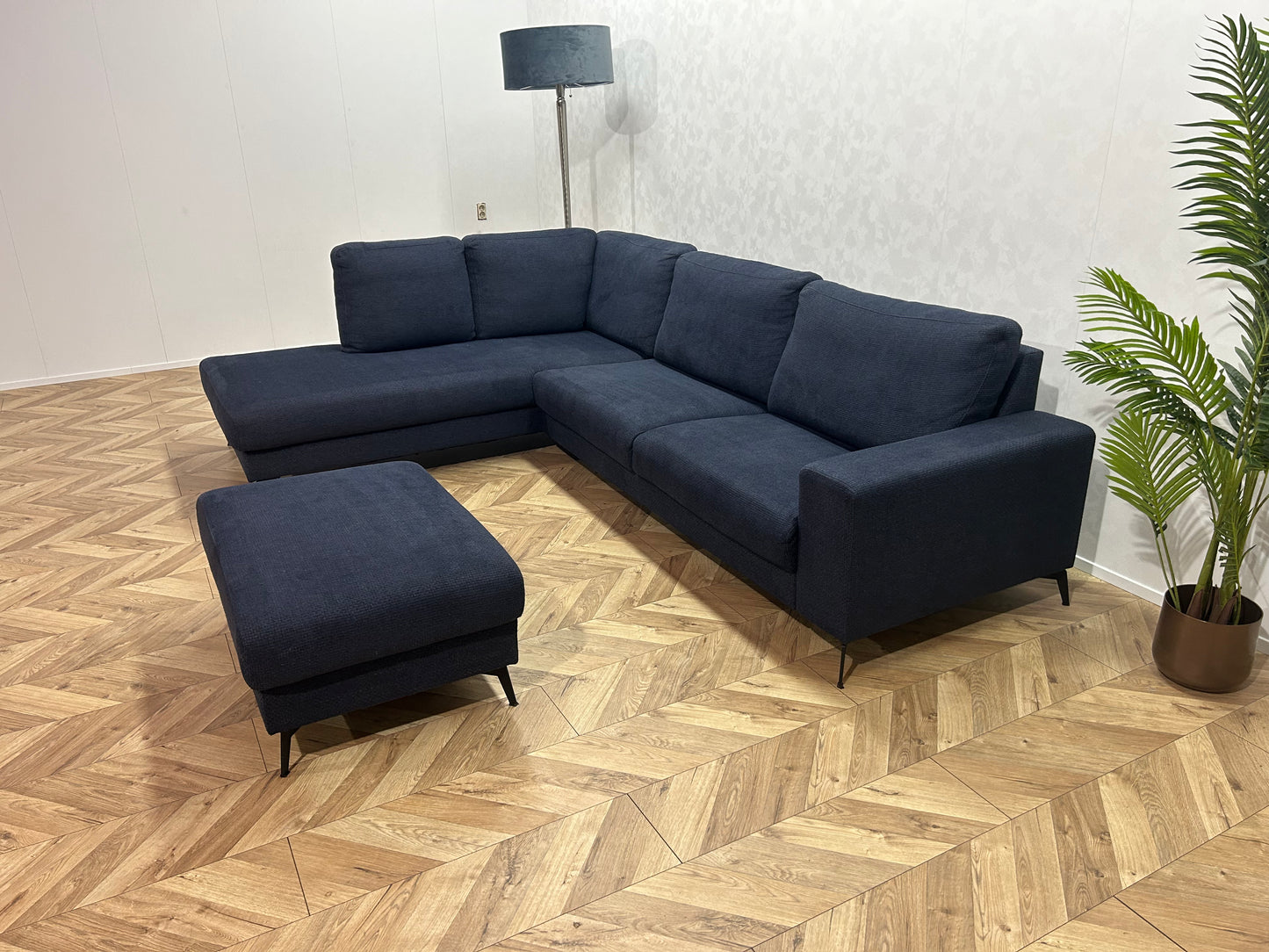 Donker Blauwe Hoekbank Inc. hocker ~ Losse Rugkussens Met Afneembare Hoezen