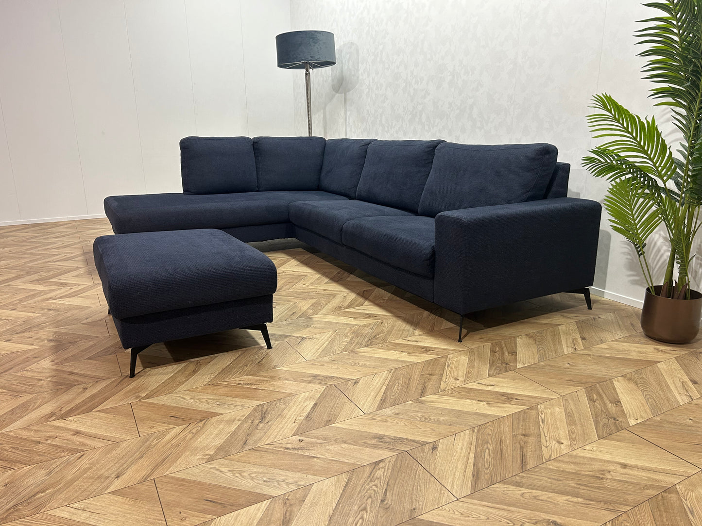Donker Blauwe Hoekbank Inc. hocker ~ Losse Rugkussens Met Afneembare Hoezen
