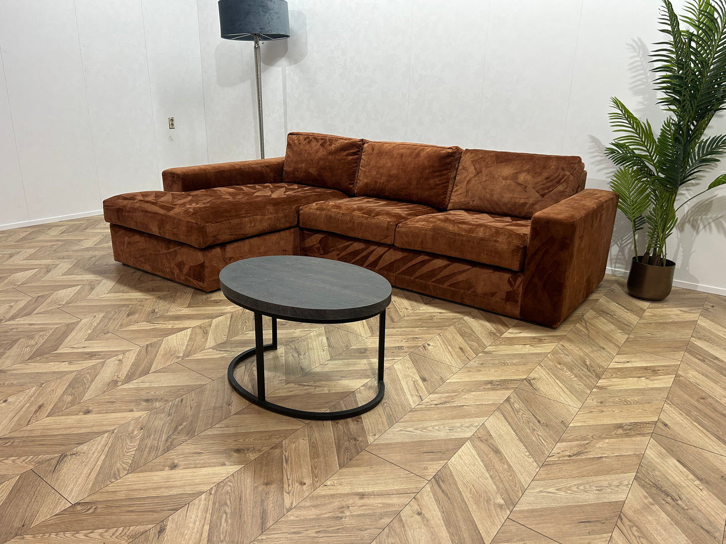 Cognac Bruine Velvet Hoekbank ~ Losse Kussen Met Afneembare Hoezen