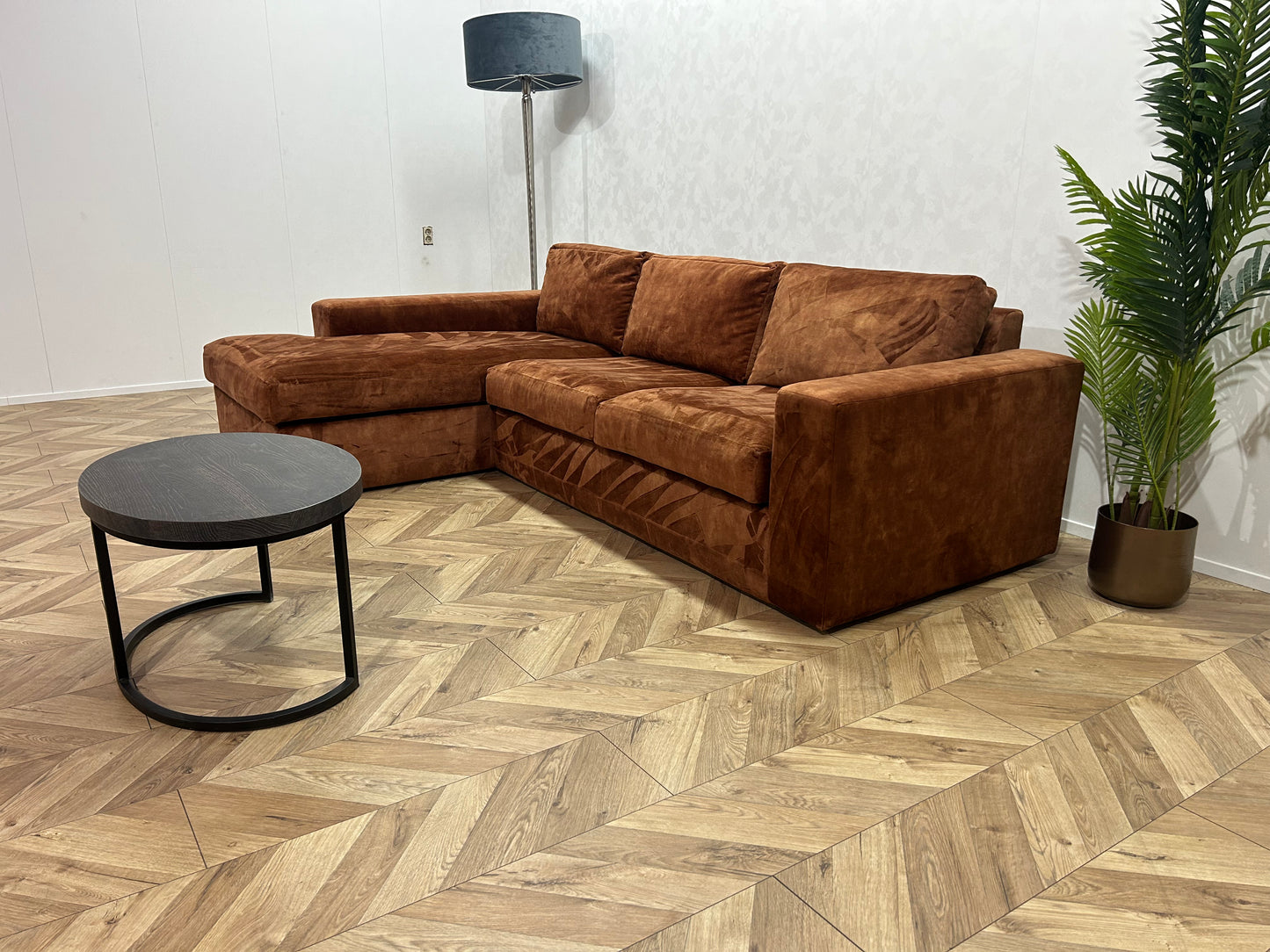 Cognac Bruine Velvet Hoekbank ~ Losse Kussen Met Afneembare Hoezen