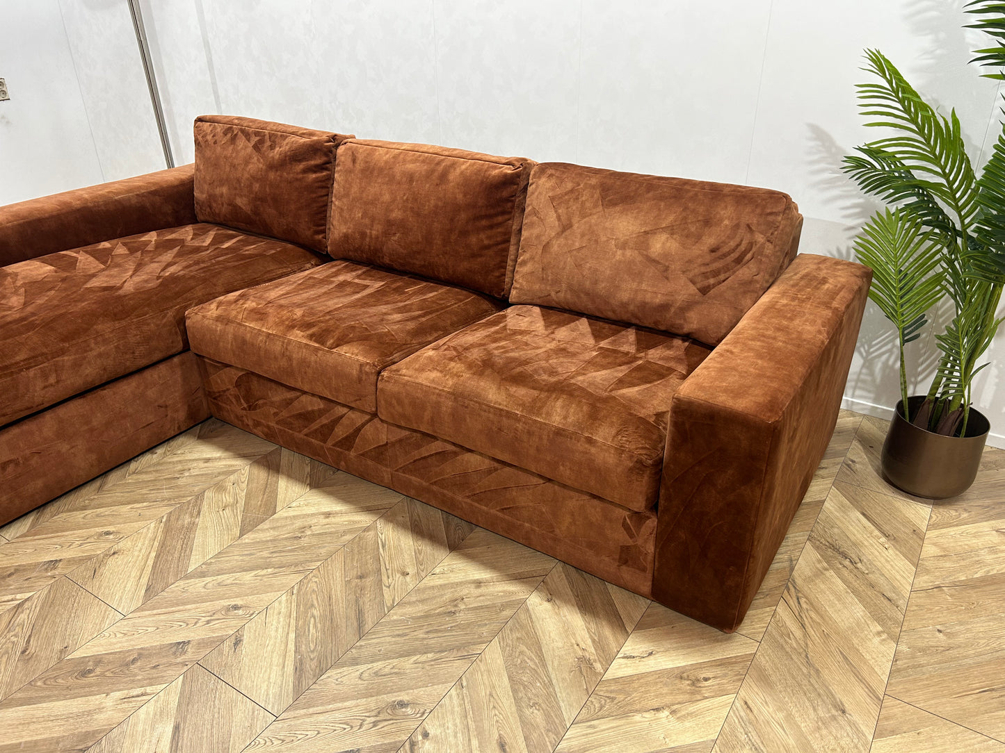 Cognac Bruine Velvet Hoekbank ~ Losse Kussen Met Afneembare Hoezen