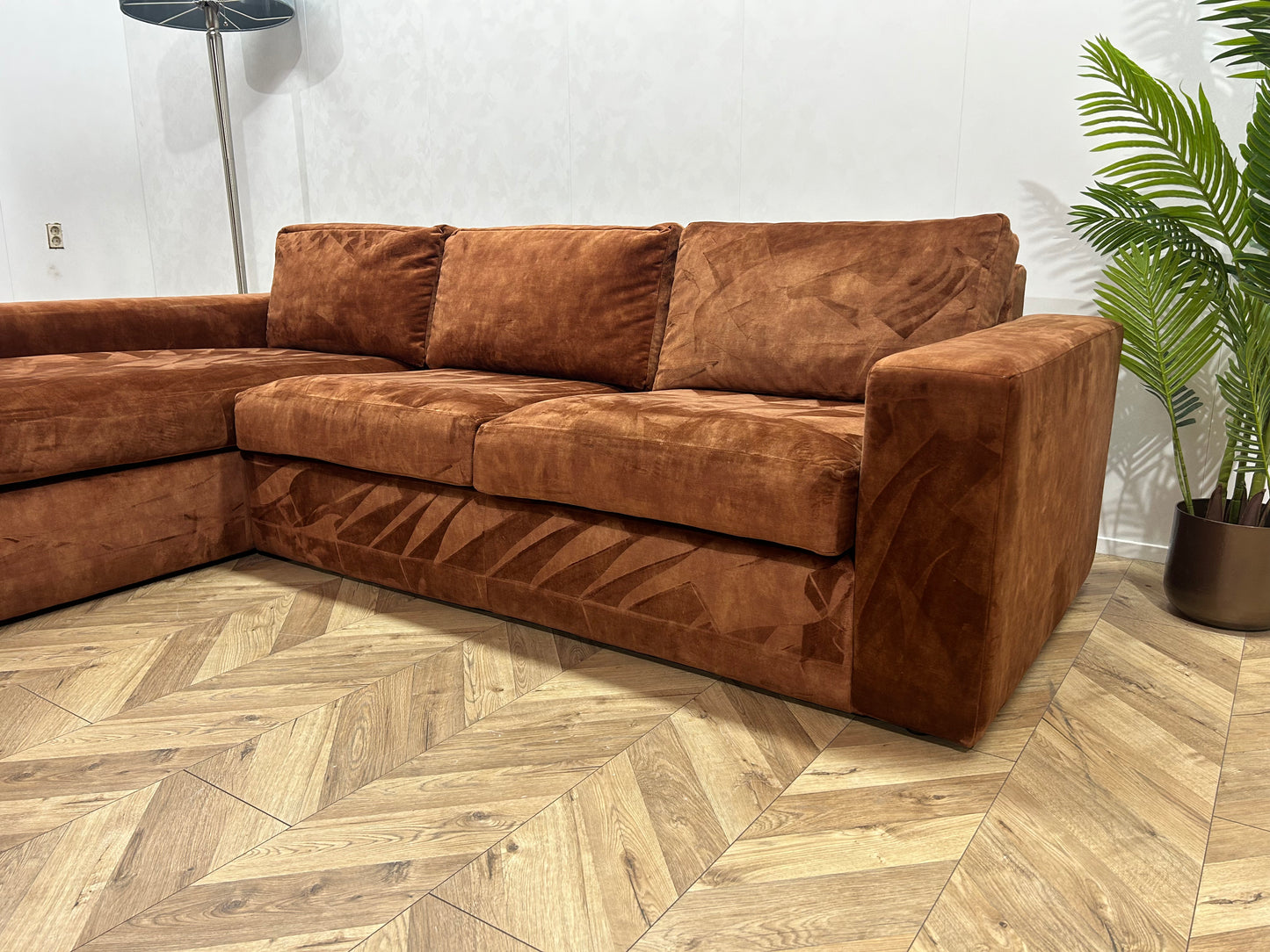 Cognac Bruine Velvet Hoekbank ~ Losse Kussen Met Afneembare Hoezen