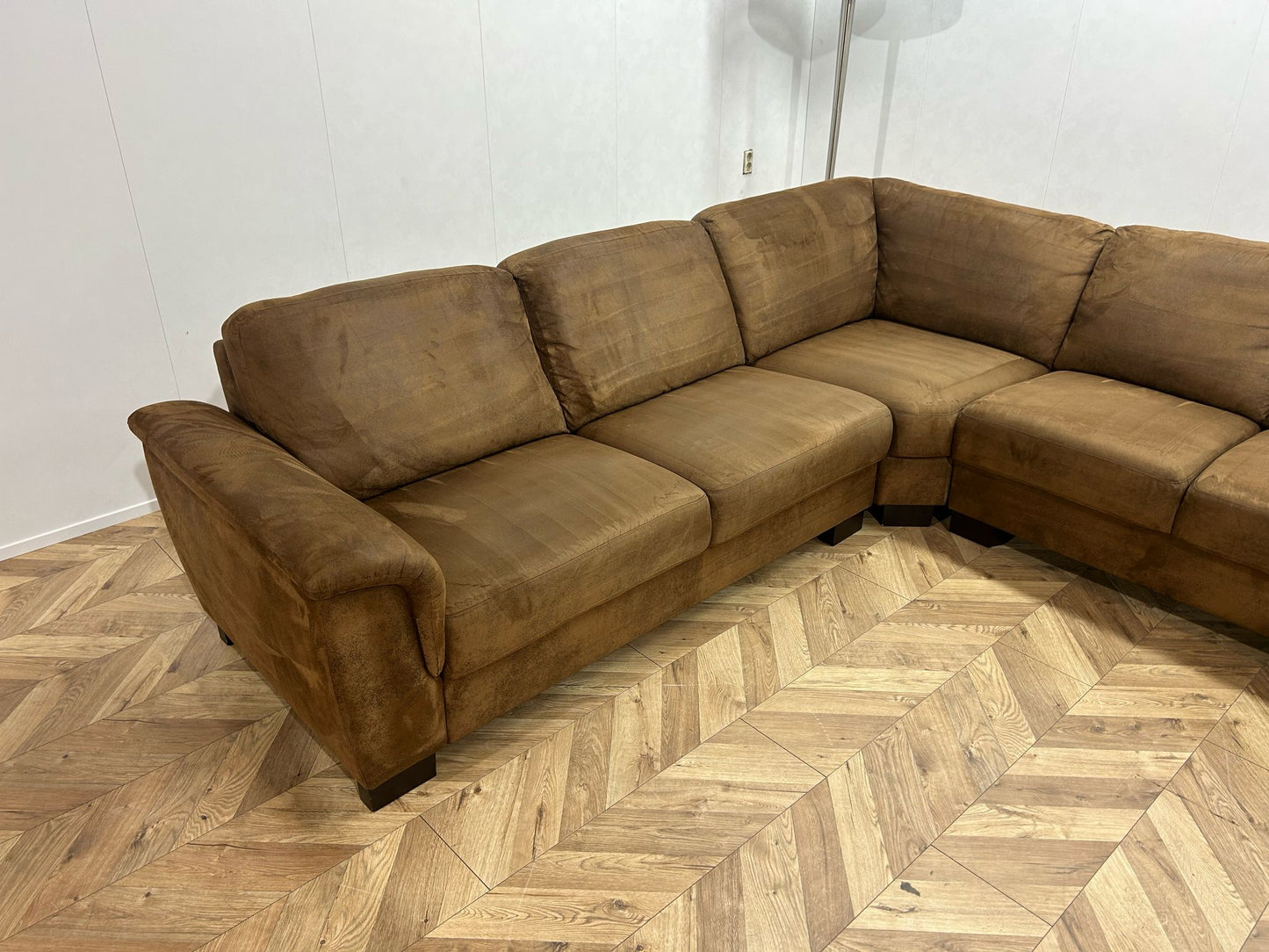Cognac Bruine Suède Stoffen Hoekbank ~ Vaste Kussens