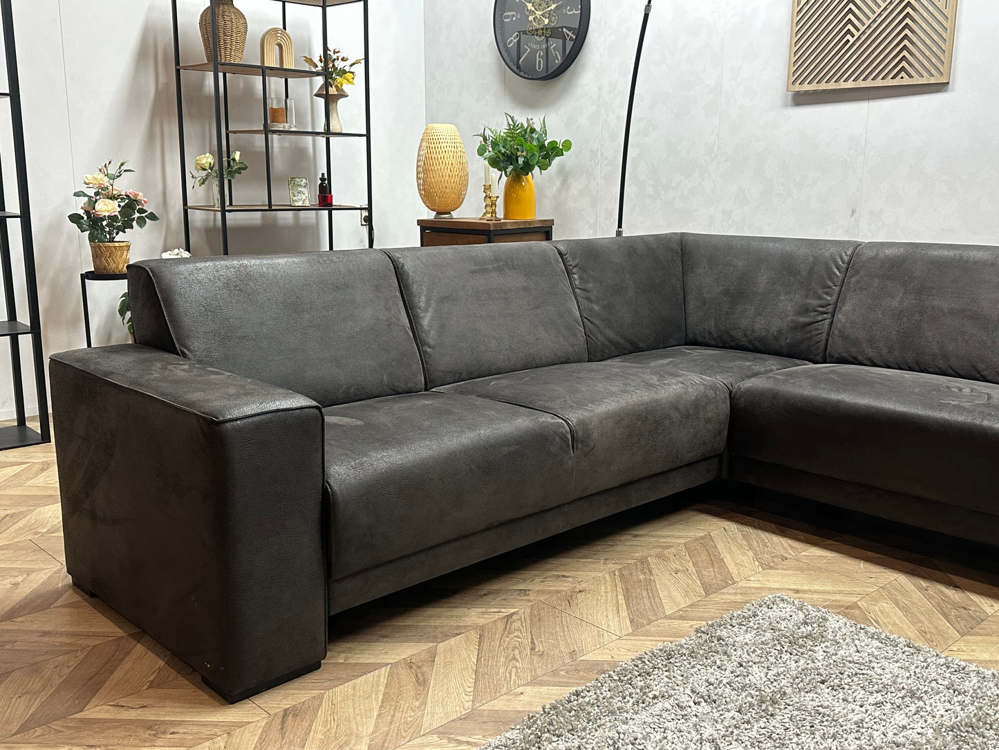 Antraciet Suède Stoffen Hoekbank ~ Vaste Kussens