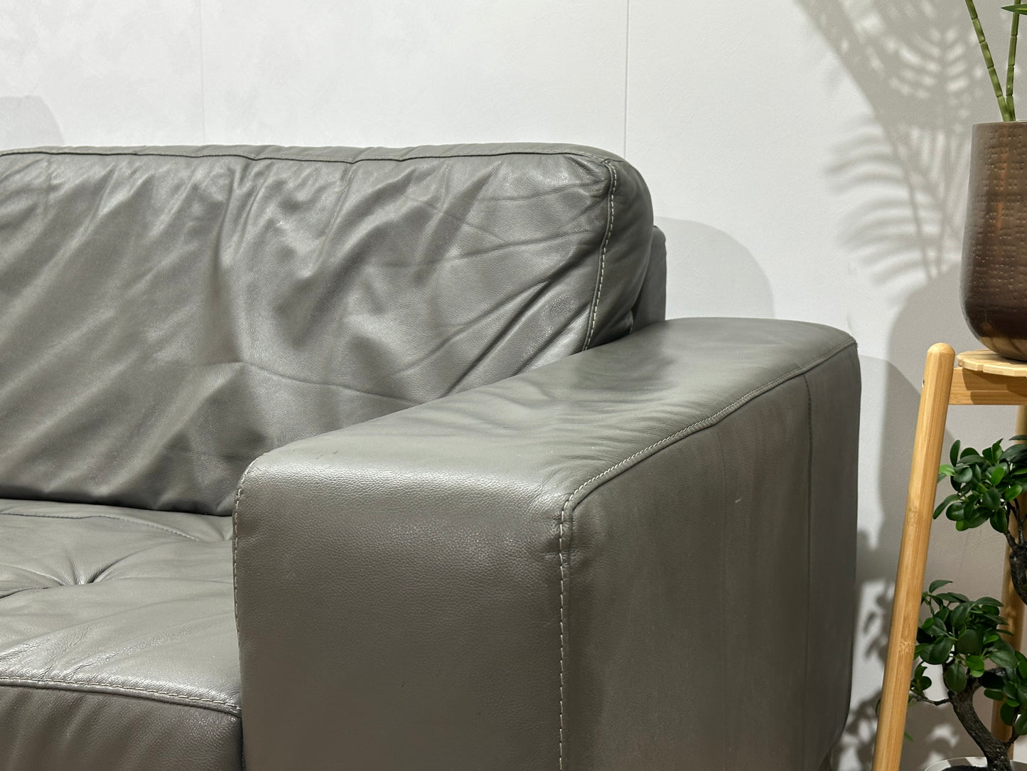 Montèl Grijze Echt Lederen Hoekbank ~ Vaste Kussens