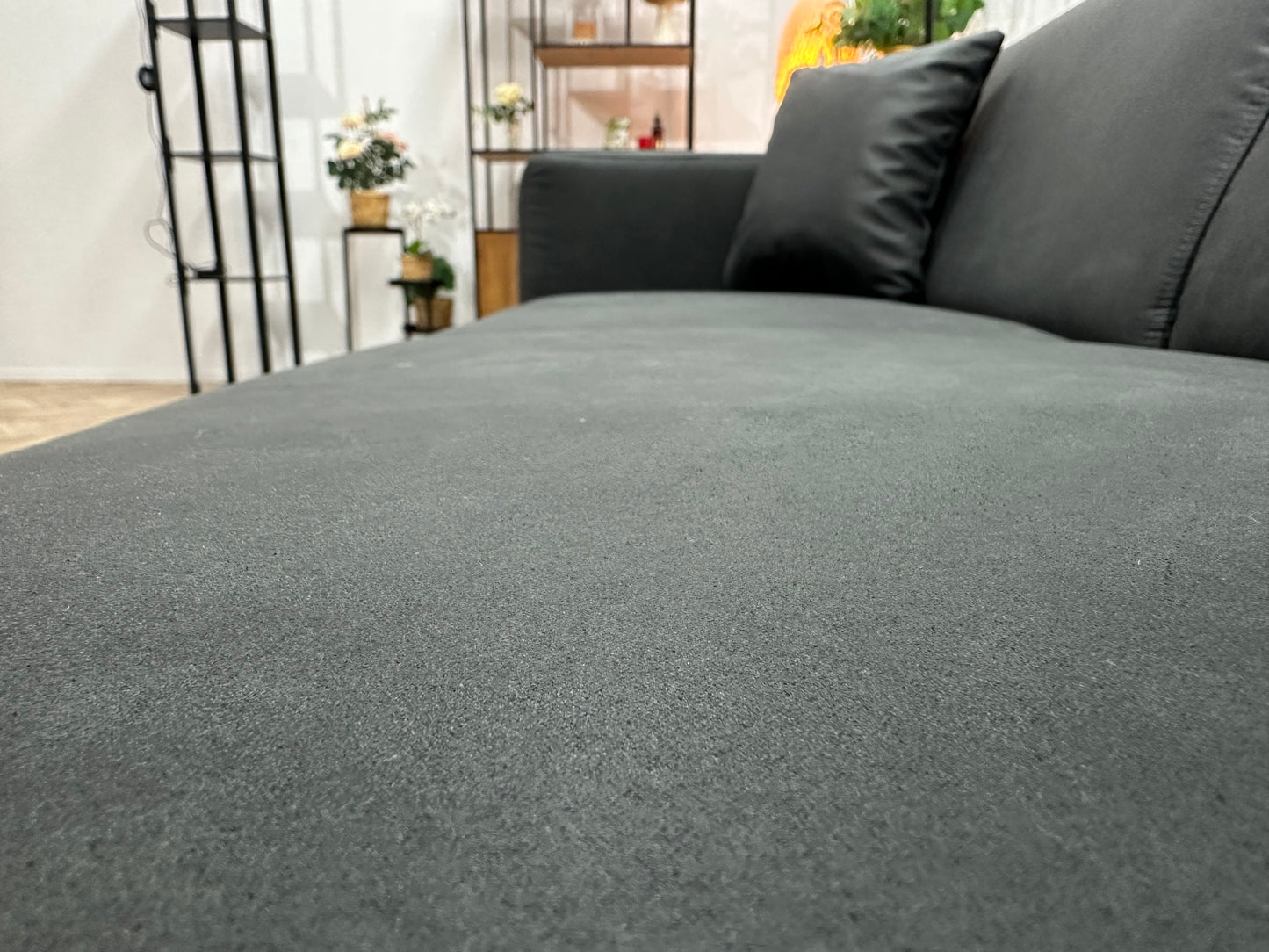 !Showroommodel! Antraciet/Grijze Suède Lederen/Velvet Hoekbank