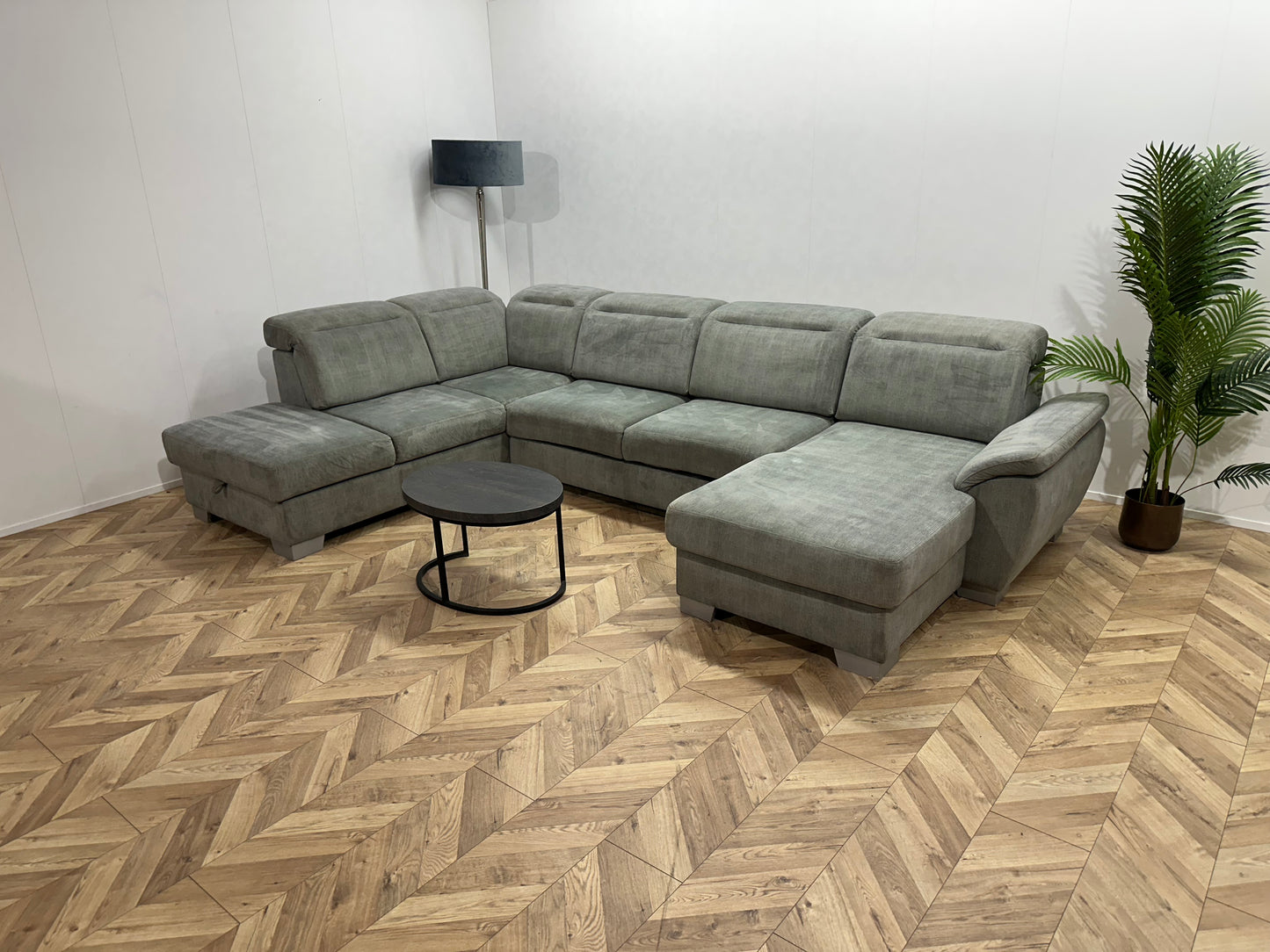 H&H Licht Groene Ribstof U Bank ~ Slaapfunctie ~ Opbergruimtes