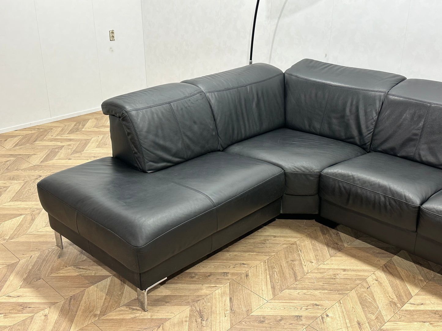 Zwart Echt Lederen Hoekbank ~ Verstelbare Hoofdsteunen