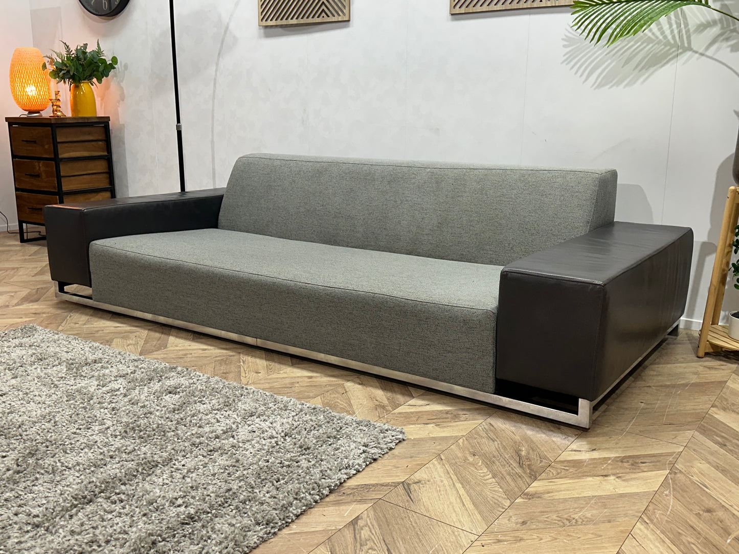 Licht Grijze/Antraciet Stoffen/Echt Lederen Design 2.5-Zits Bank ~ Vaste Kussens