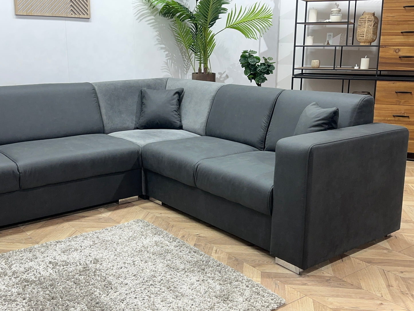 !Showroommodel! Antraciet/Grijze Suède Lederen/Velvet Hoekbank