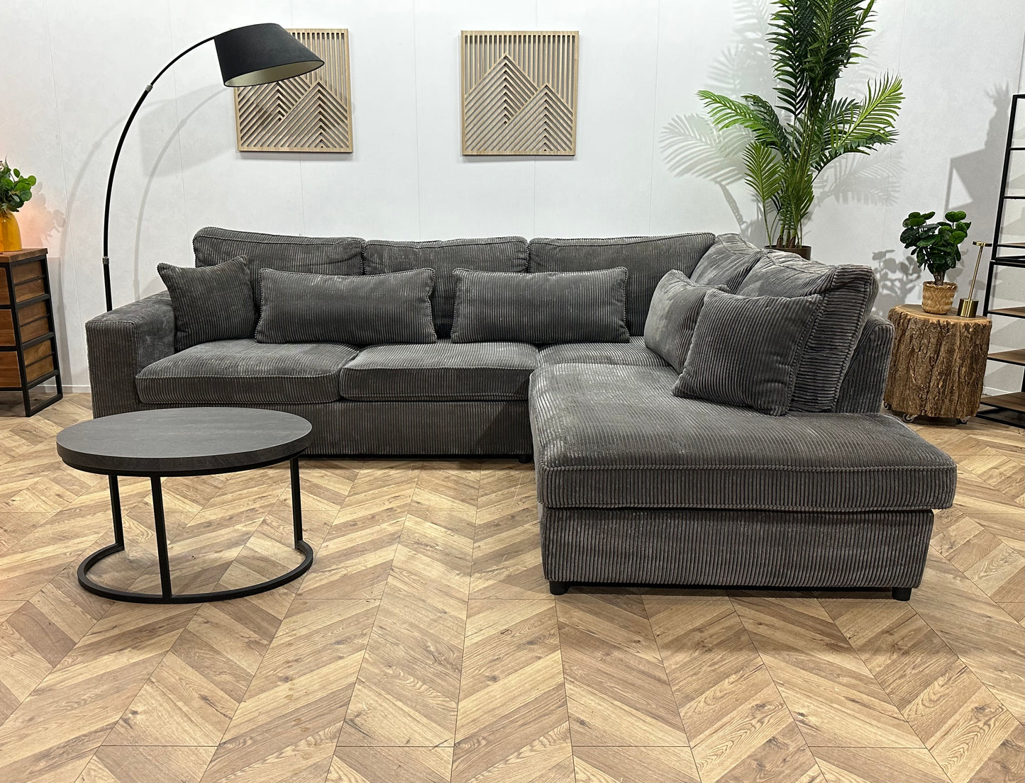 Antraciet Ribstof Hoekbank ~ Losse Kussens Met Afneembare Hoezen ~ Slaapfunctie