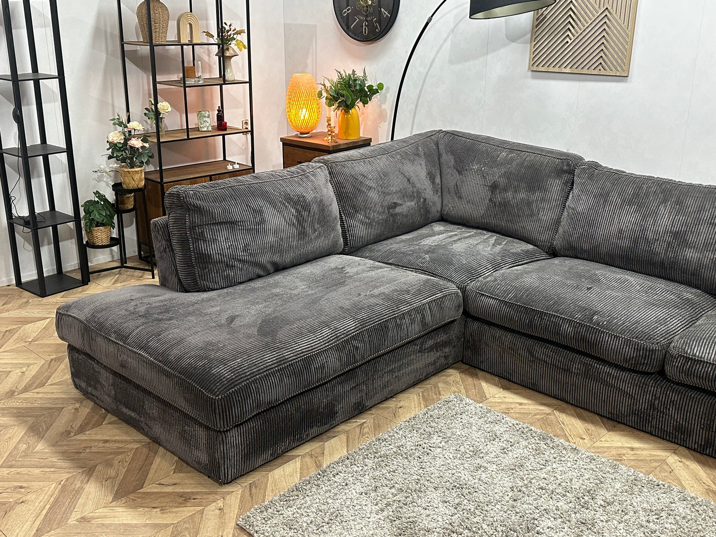 Antraciet Ribstof Hoekbank ~ Losse Kussens Met Afneembare Hoezen